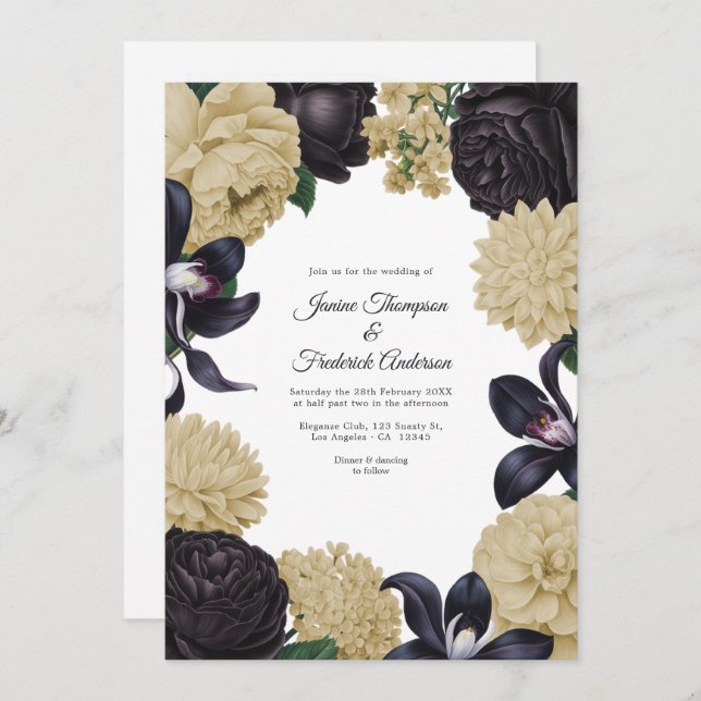 Black & Champagne Photo/QR Code Floral Wedding Invitation (Front/Back)