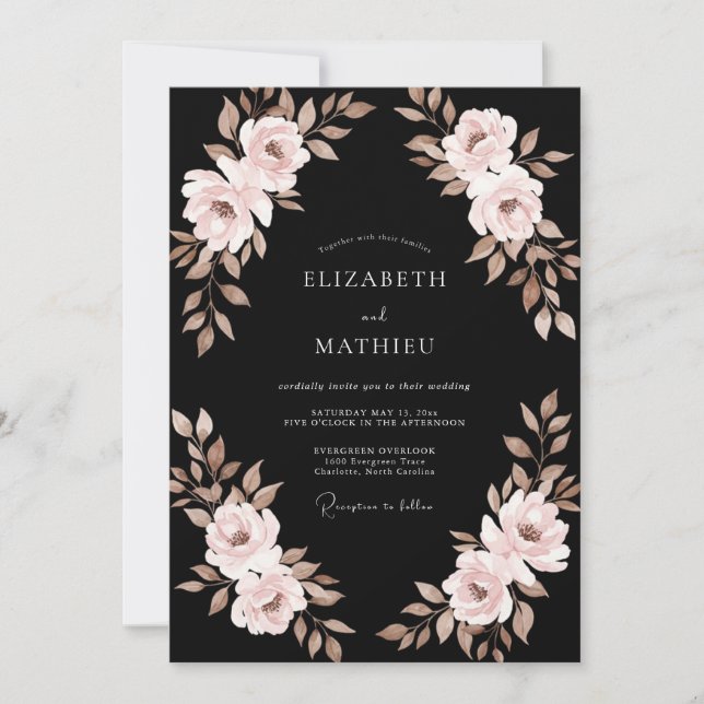 Black Champagne Ranunculus Eucalyptus Wedding Invitation (Front)