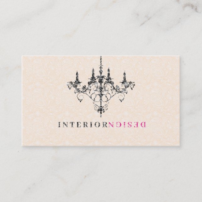 Black Chandelier Beige Background Interior Design Business Card (Front)