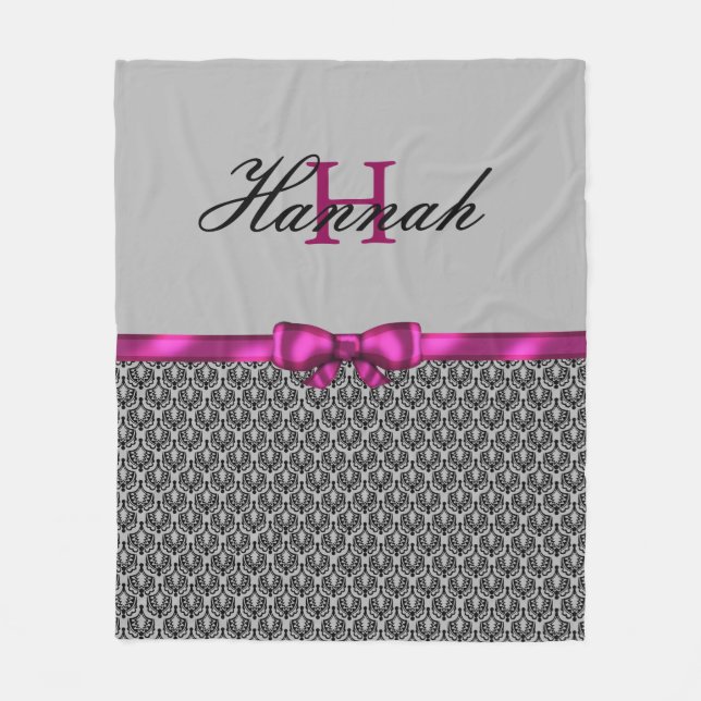 Black Chandelier Damask and Pink Bow Monogram Fleece Blanket (Front)