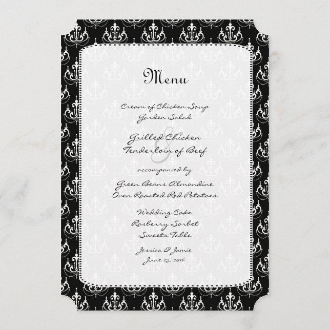 Black Chandelier Damask Wedding Menu (Back)