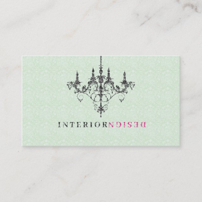 Black Chandelier Green Background Interior Design Business Card (Front)