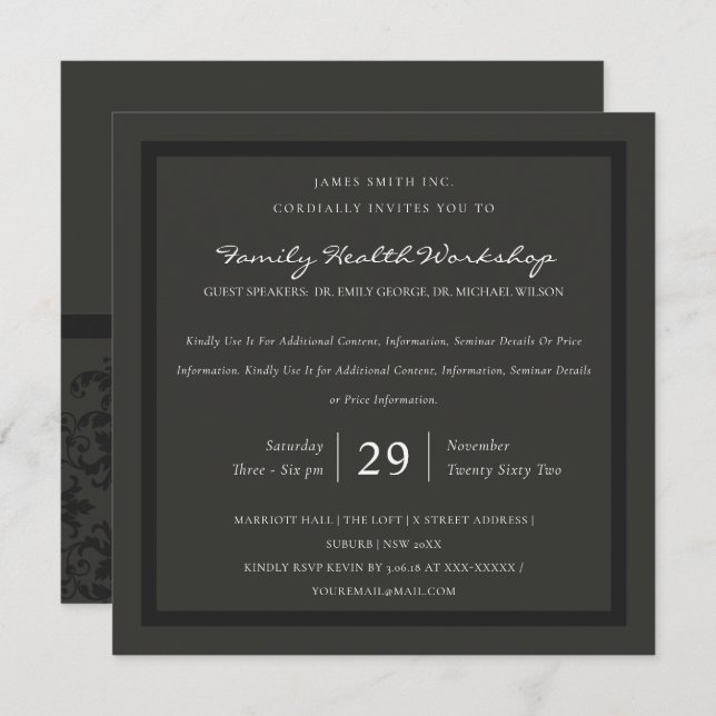 BLACK CHARCOAL DAMASK CLASSIC WORKSHOP EVENT INVITATION (Front/Back)