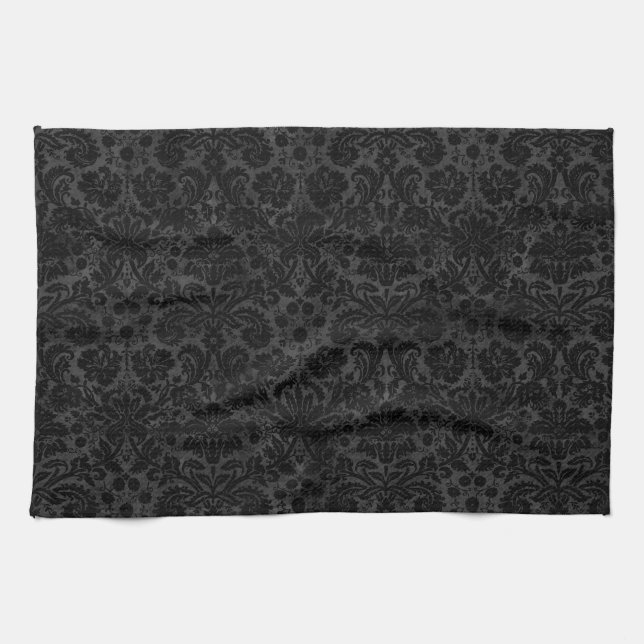 Black Charcoal Damask Tea Towel (Horizontal)