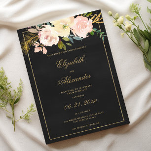 Black charcoal gold pink coral floral wedding invitation