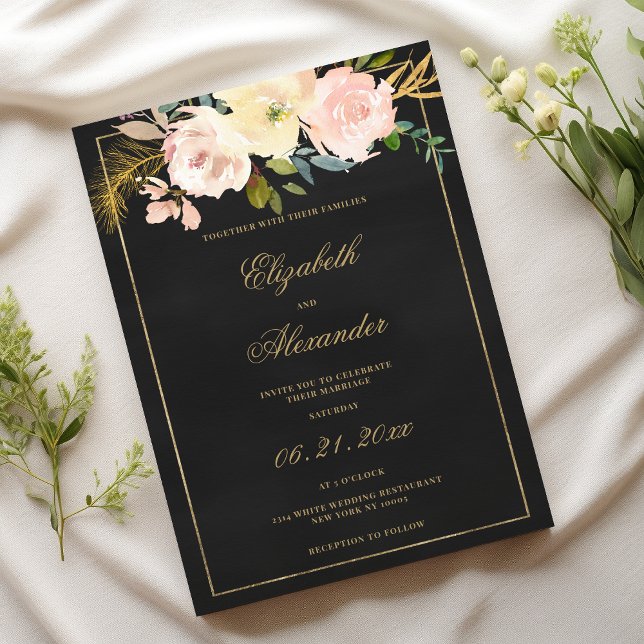 Black charcoal gold pink coral floral wedding  invitation (Black charcoal gold pink coral floral wedding)