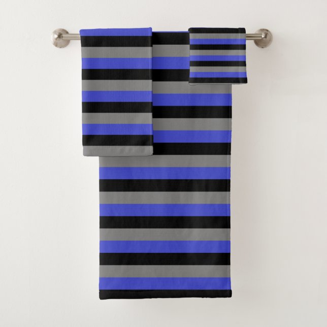 Black, Charcoal Grey and Blue Stripes Bath Towel Set (Insitu)