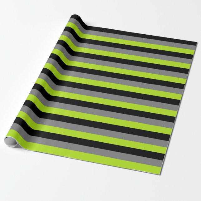 Black, Charcoal Grey and Lime Green Stripes Wrapping Paper (Unrolled)