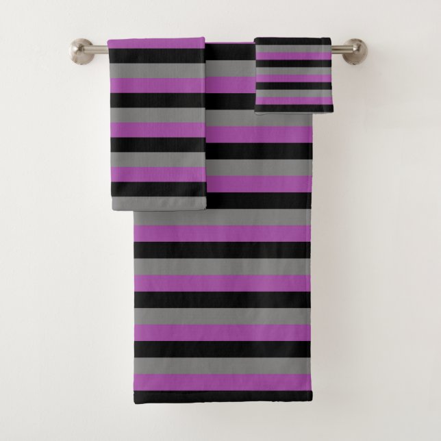 Black, Charcoal Grey and Purple Stripes Bath Towel Set (Insitu)