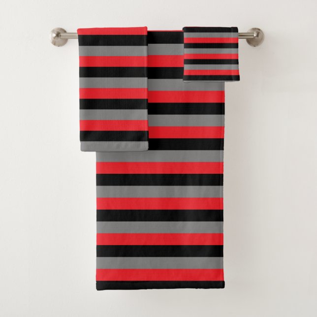 Black, Charcoal Grey and Red Stripes Bath Towel Set (Insitu)