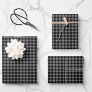 Black Charcoal Grey Gingham Check Plaid Masculine Wrapping Paper Sheet