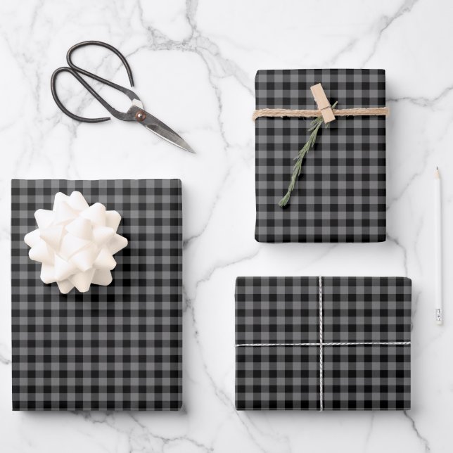 Black Charcoal Grey Gingham Check Plaid Masculine Wrapping Paper Sheet (Front)