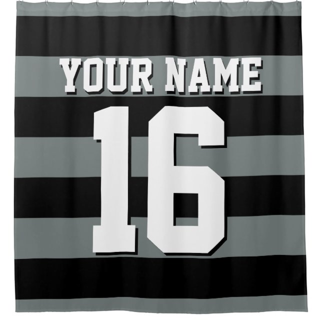 Black Charcoal Sports Jersey Preppy Stripe Shower Curtain (Front)