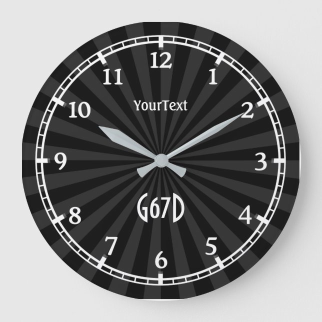 Black Charcoal Sunburst Dial Text and Monogram on Large Clock (Front)