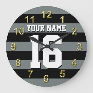 Black Charcoal Team Jersey Preppy Stripe Large Clock