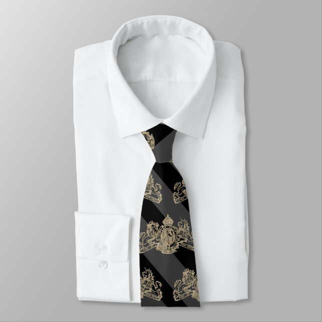 Black Charcoal Tuxedo Stripe White Gold Emblem Tie (Tied)