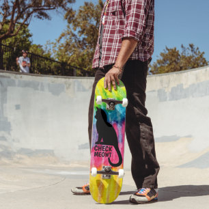 Black Check Meowt tie dye skateboard deck