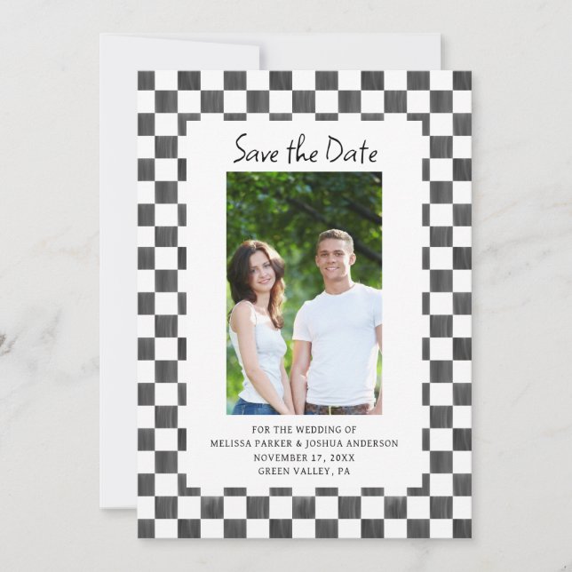 Black Checkerboard Photo Save the Date Invitation (Front)