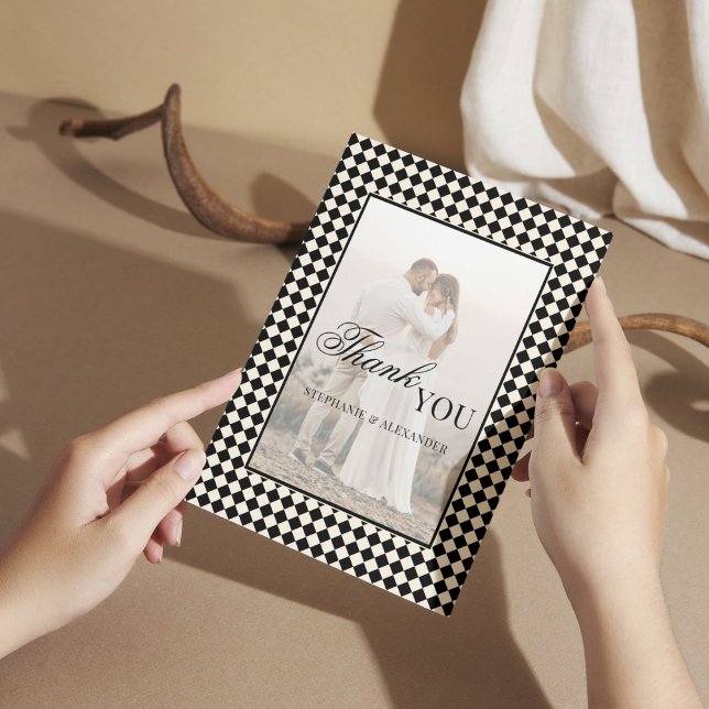 Black Checkered Old Money Photo Wedding Folded Thank You Card (Creator Uploaded)