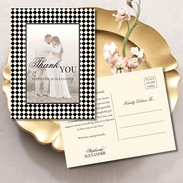 Black Checks Old Money Photo Wedding Thank You Postcard (Creator Uploaded)