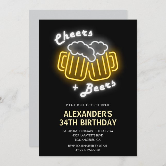 Black Cheers and Beers Drinks 34th birthday Invitation (Front/Back)