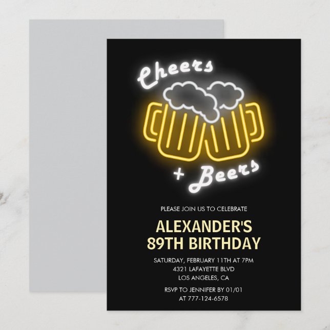 Black Cheers and Beers Drinks 89th birthday Invitation (Front/Back)