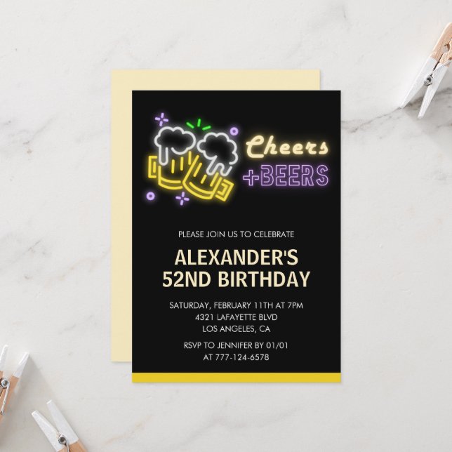 Black Cheers Beer Drinks 52nd birthday invitation  (Front/Back In Situ)