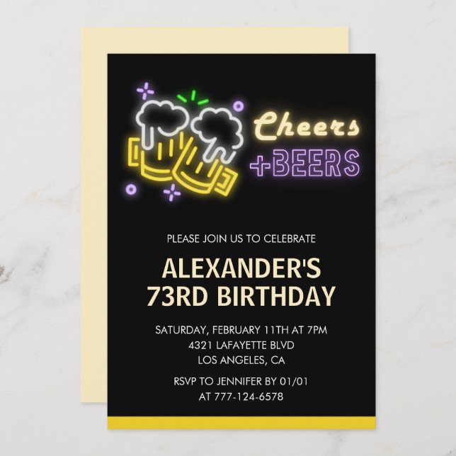 Black Cheers Beer Drinks 73rd birthday invitation (Front/Back)