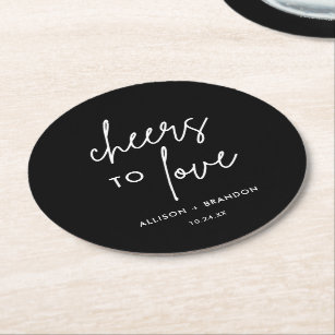 Black Cheers To Love Personalised Wedding Round Paper Coaster