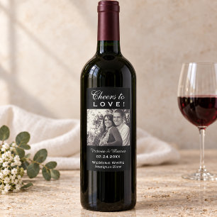 Black Cheers to Love Wedding Photo Wine Bottle Rectangular Sticker