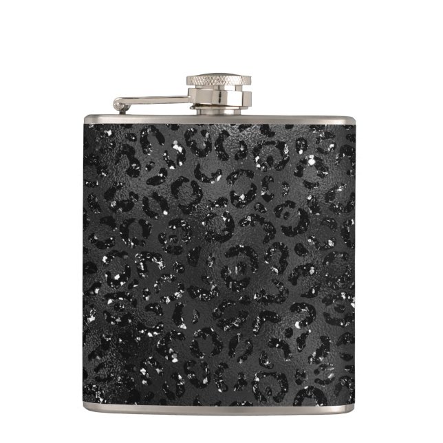 Black Cheetah Leopard Skin Print Pattern Animal Hip Flask (Front)