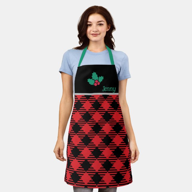 Black Chef Christmas Apron - Red Plaid Personalise (Worn)