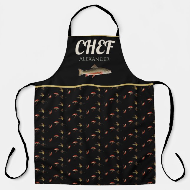 Black Chef  Seafood Trout Fly Fishing Fishermen   Apron (Front)