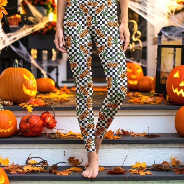 Black Chequerboard Cherry Pumpkins Pattern Leggings (Creator Uploaded)