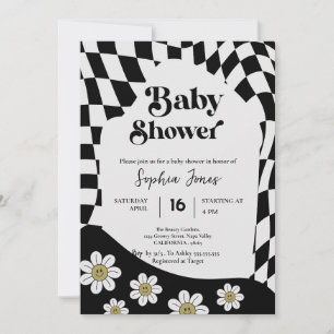 Black Chequered Girl   Gingham   70s baby shower I Invitation