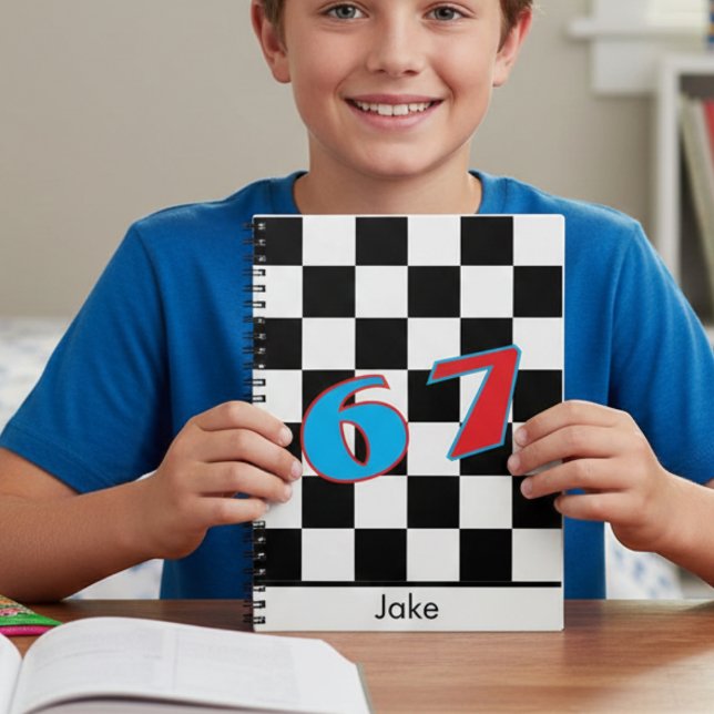 Black Chequered Personalised Name 67 Number Design Notebook (Creator Uploaded)