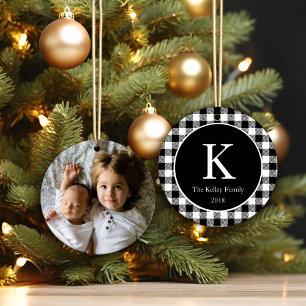 Black Chequered Plaid Personalised Monogram Photo Ceramic Ornament