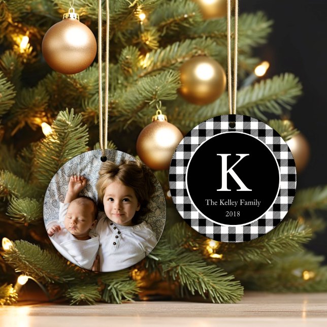 Black Chequered Plaid Personalised Monogram Photo Ceramic Ornament (Creator Uploaded)