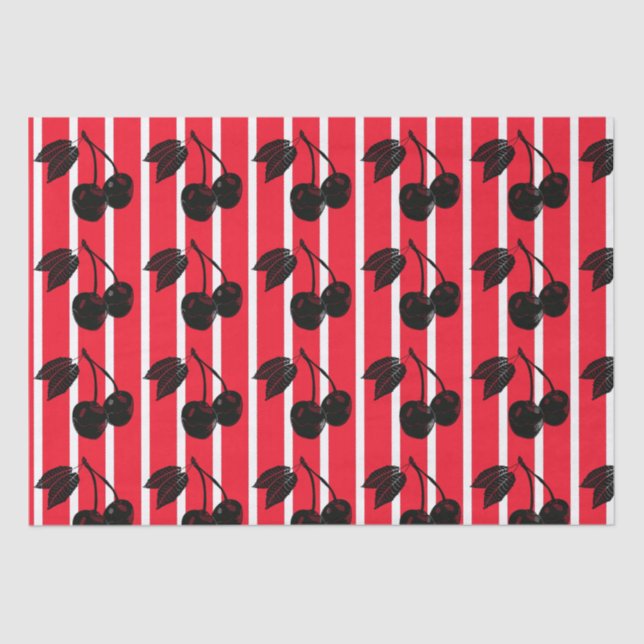 Black Cherries on Red and White Striped Tissue Paper (Front)