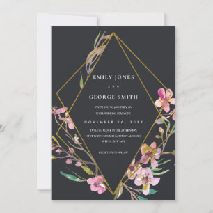 BLACK CHERRY BLOSSOM FLORAL FRAME WEDDING INVITE