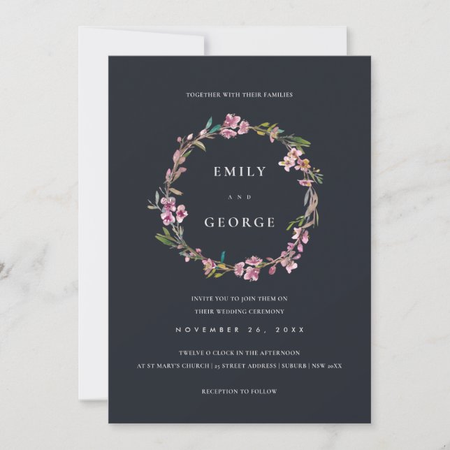 BLACK CHERRY BLOSSOM FLORAL WREATH WEDDING INVITE (Front)
