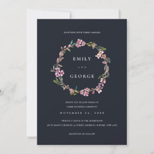 BLACK CHERRY BLOSSOM FLORAL WREATH WEDDING INVITE