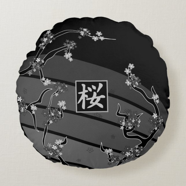 Black Cherry Blossom Tree Round Cushion (Front)