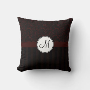 Black Cherry Floral Wisps & Stripes with Monogram Cushion