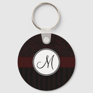 Black Cherry Floral Wisps & Stripes with Monogram Key Ring