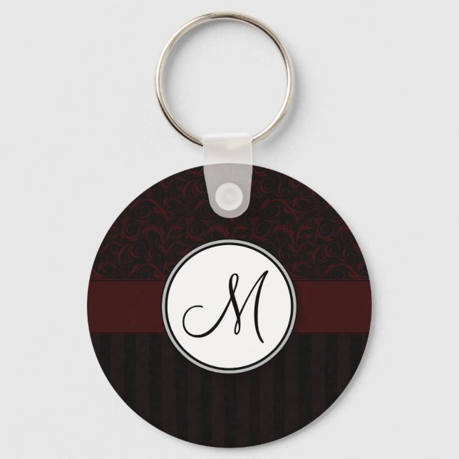 Black Cherry Floral Wisps & Stripes with Monogram Key Ring (Front)