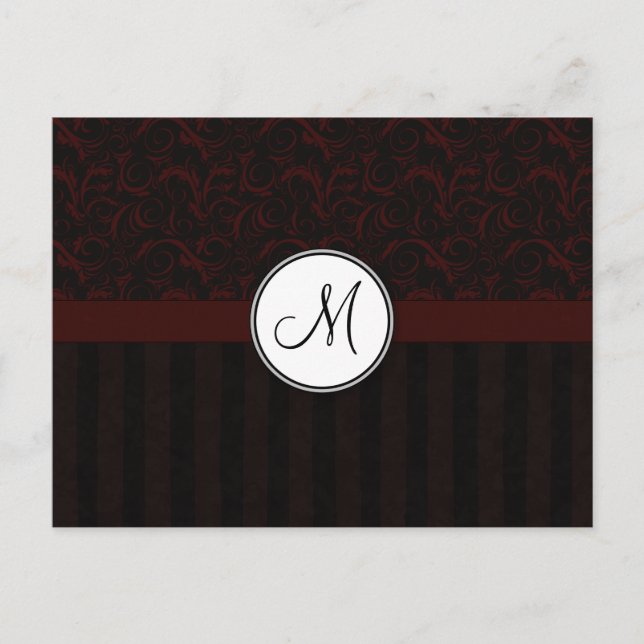Black Cherry Floral Wisps & Stripes with Monogram Postcard (Front)