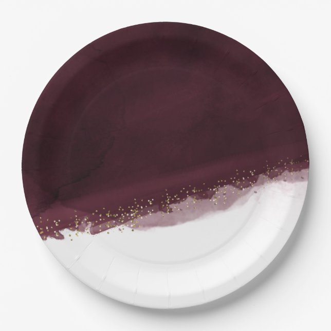 Black Cherry Watercolor & Gold Modern Chic Elegant Paper Plate (Front)