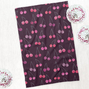 Black Cherry Watercolor Pattern Tea Towel