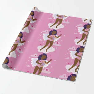 black cherub african angel harp hearts clouds wrapping paper